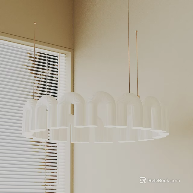 Modern White Curved Design Chandeliers Hanging From Ceiling With White Blinds Light Colored Wall 3d model 
