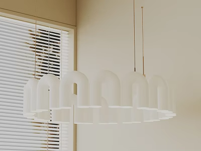 Modern White Curved Design Chandeliers Hanging From Ceiling With White Blinds Light Colored Wall 3d model