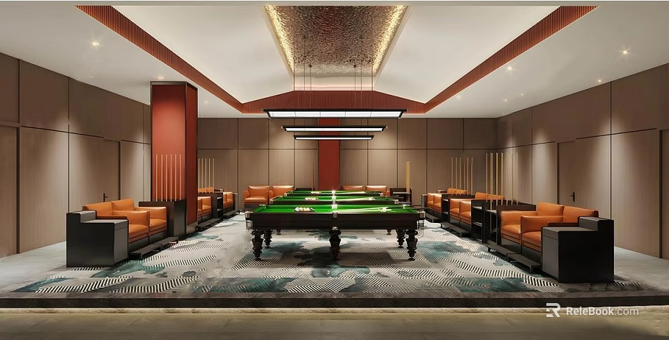 Luxurious Billiard Room Interior With Green Table Brown Sofas And Chandeliers 3d model 