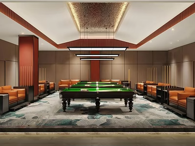 Luxurious Billiard Room Interior With Green Table Brown Sofas And Chandeliers 3d model