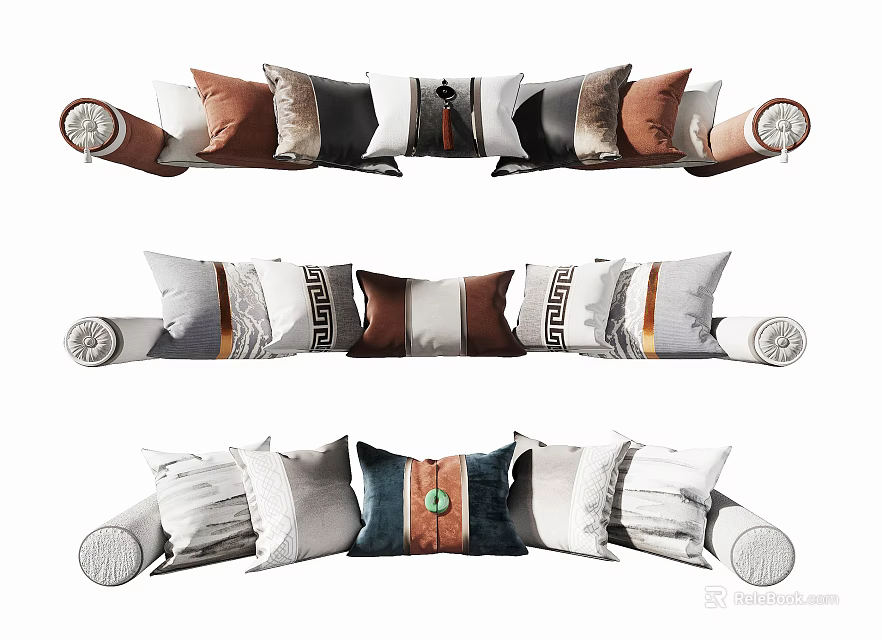 Stylish Decorative Throw Pillows In Neutral Tones With Mixed Textures And Patterns 3d model 