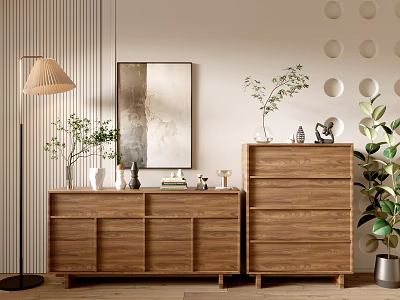 Wooden Entryway Cabinet and Side Cabinet with Decorative Items Green Plants and Floor Lamp 3d model
