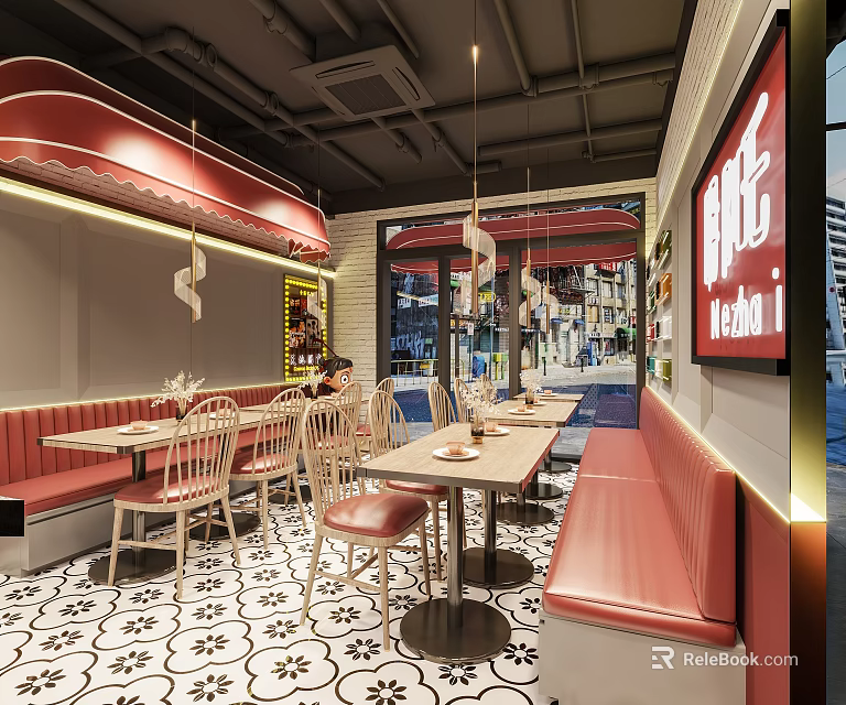 Modern Bubble Tea Shop With Red Booths Black White Patterned Floor And Hanging Lights 3d model 