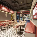 Modern Bubble Tea Shop With Red Booths Black White Patterned Floor And Hanging Lights