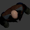 Bald Man in Dark Brown Vest Dark Pants Black Gloves and Boots Against Gray Background