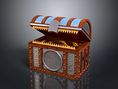 Home Decorative Open Wooden Storage Chest With Blue Stripes Metal Accents Circular Emblem Golden Lining 3d model