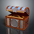 Home Decorative Open Wooden Storage Chest With Blue Stripes Metal Accents Circular Emblem Golden Lining