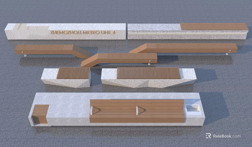 Modern Outdoor Landscape Seats With Wooden Stone Materials And Varied Geometric Structures 3d model 