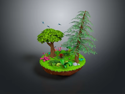 Lush Plants On Small Green Island With Leafy And Pine Trees Pink Flowers And Grass 3d model