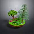 Lush Plants On Small Green Island With Leafy And Pine Trees Pink Flowers And Grass