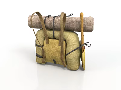 Outdoor Camping Backpack With Rolled Blanket And Hiking Stick For Travel 3d model