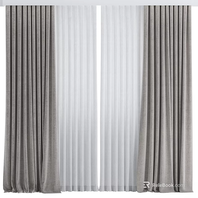Gray Curtains With White Sheer Layers And Pleated Design For Home Windows 3d model 