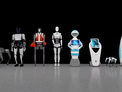 Advanced Industrial Robots With Diverse Designs Humanoid Structures And Screen Displays 3d model