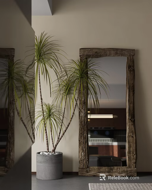 Rustic Wooden Frame Mirrors With Potted Plants In Modern Interior 3d model 