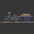 Blue Bicycle With Wooden Trailer Featuring Red Wheels And Colorful Toys