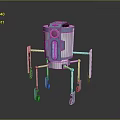 Game and Movie Character Robot With Blue White Bucket Shaped Body Multiple Legs And Wheels