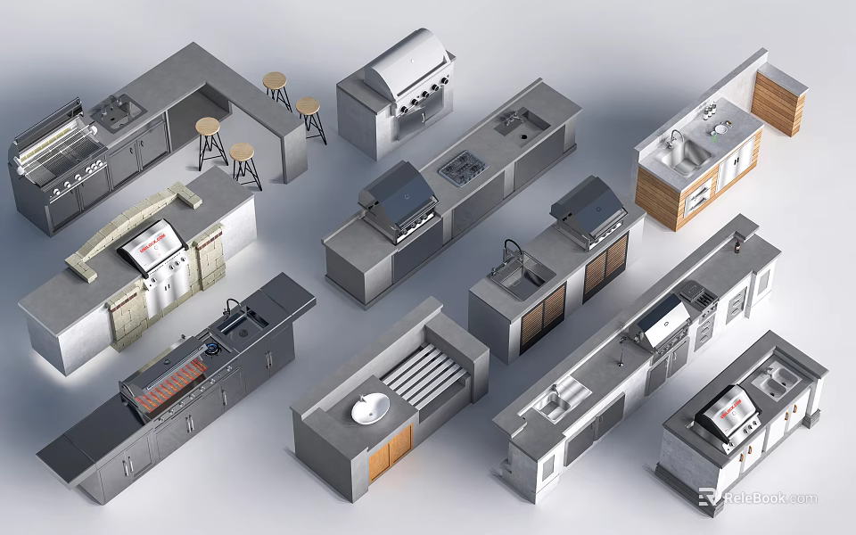 Modern Public Kitchen Facilities With Counter Storage And Bar Seating Areas 3d model 