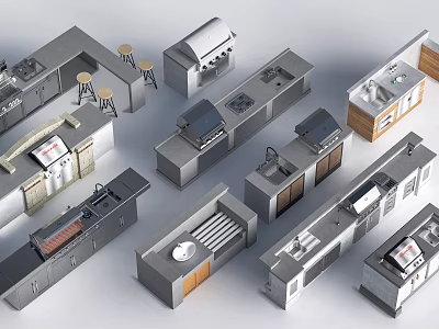 Modern Public Kitchen Facilities With Counter Storage And Bar Seating Areas 3d model