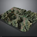 Detailed 3D Terrain Model With Green Mountain Ranges And Pink River Paths