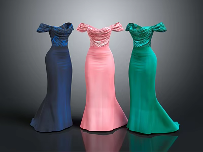 Elegant Off Shoulder Mermaid Dresses In Blue Pink Green With Flowy Hem 3d model