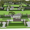 Garden Landscape Design With Symmetric Green Lawn Stone Pathways And Arranged Trees