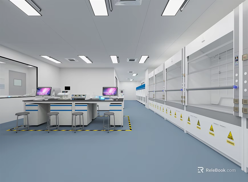 Modern Laboratory Interior With Lab Benches Computers Fume Hoods And Warning Signs 3d model 