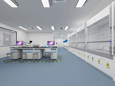 Modern Laboratory Interior With Lab Benches Computers Fume Hoods And Warning Signs 3d model