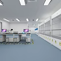 Modern Laboratory Interior With Lab Benches Computers Fume Hoods And Warning Signs