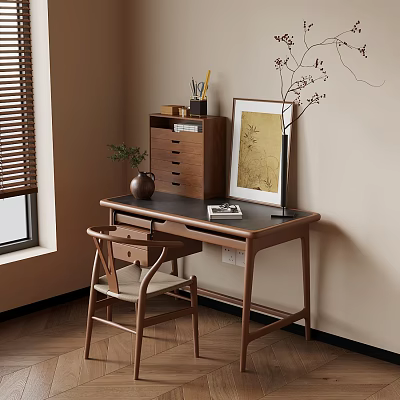Wooden Desk Interior with Chair Vase Stationery Framed Art and Drawer Cabinet 3d model