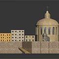 Historic Dome Building With Cross Yellow White Adjacent Buildings Stone Platform Wall And Small Tower