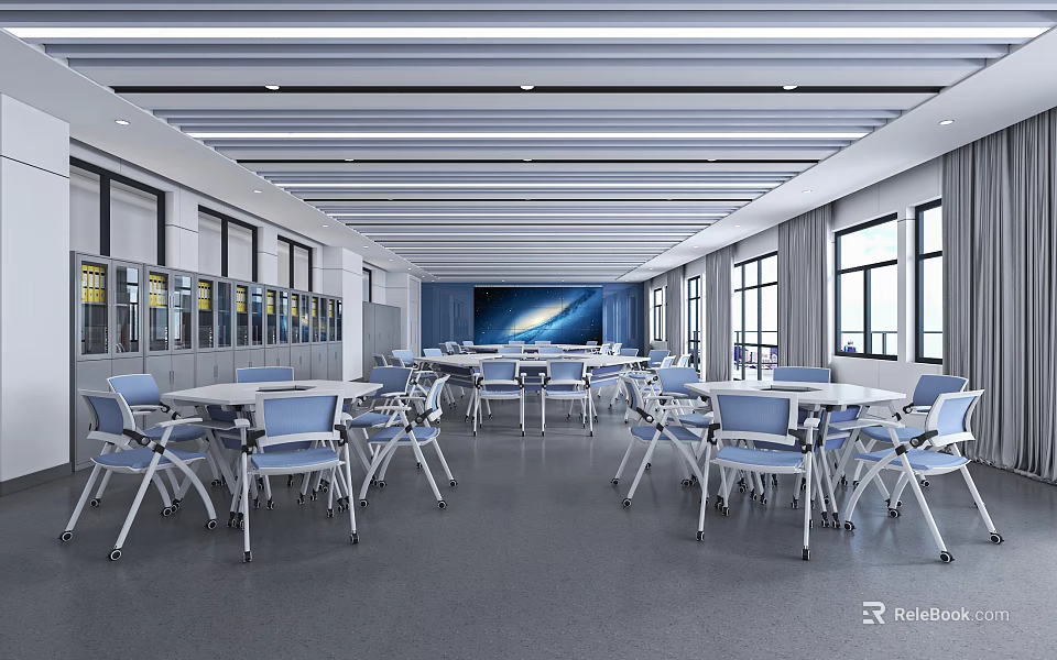 School Spacious Multipurpose Room With Tables Chairs Cabinets And Screen 3d model 