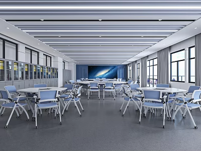 School Spacious Multipurpose Room With Tables Chairs Cabinets And Screen 3d model