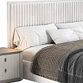 Elegant Bedroom Bed Set With Textured Striped Headboards White Nightstands And Gray Bedding