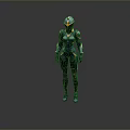 Female Sci Fi Game and Movie Character in Blue Armor With Orange Details