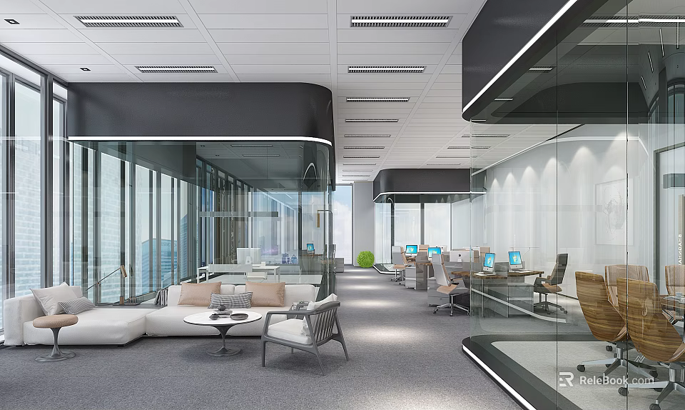 Modern Public Office Space With Open Layout Glass Partitions Desks Computers And Sofa Area 3d model 