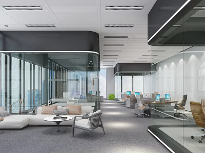Modern Public Office Space With Open Layout Glass Partitions Desks Computers And Sofa Area 3d model