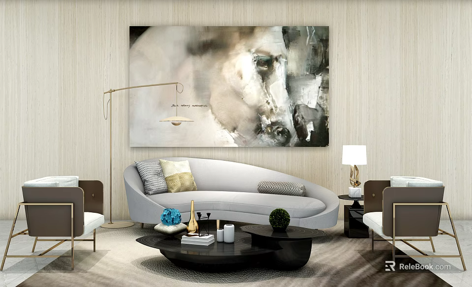 Elegant Modern Curved Light Gray Sofa with Black Round Coffee Table and Armchairs 3d model 