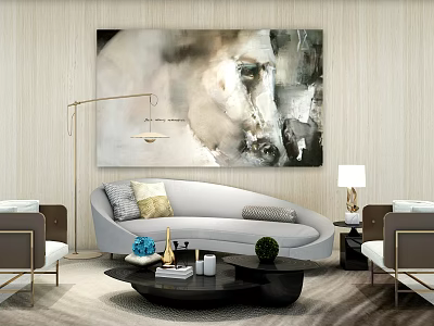 Elegant Modern Curved Light Gray Sofa with Black Round Coffee Table and Armchairs 3d model