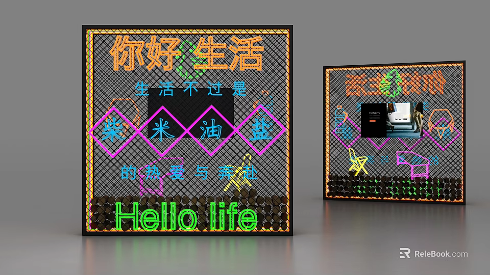 Decorative Lights With Neon Effect Colorful Patterns And Hello Life Text For Indoor Decoration 3d model 