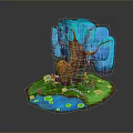 Blue Weeping Willow With Green Grass Yellow Flowers Small Pond Lily Pads And Water Lilies