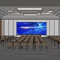 Modern Conference Room Interior With Large Screen Rows Of Chairs And Ceiling Lighting