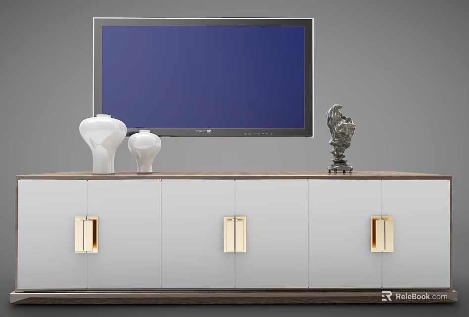 Modern TV Stand Featuring White Cabinets Gold Handles Blue Screen TV White Vases Silver Sculpture 3d model 