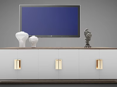 Modern TV Stand Featuring White Cabinets Gold Handles Blue Screen TV White Vases Silver Sculpture 3d model