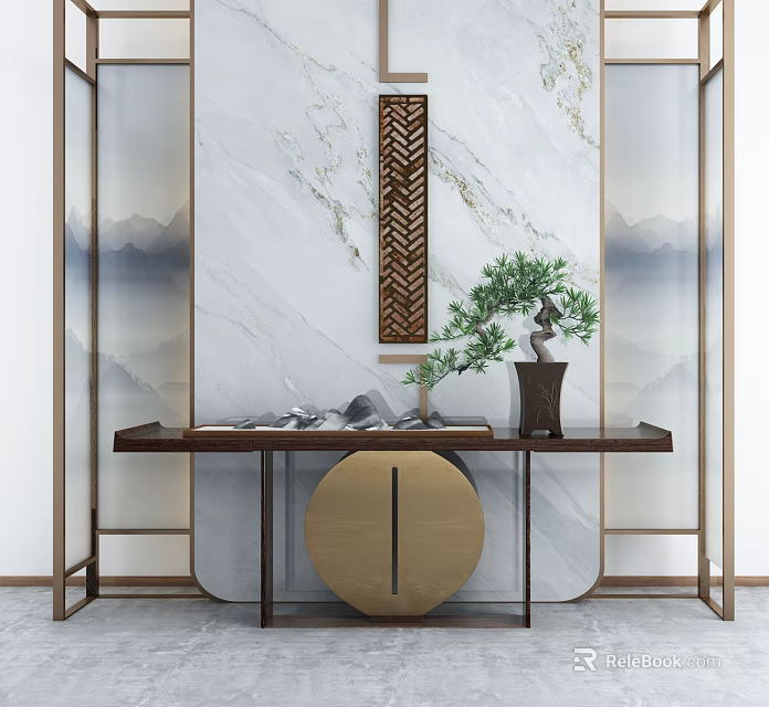 Modern Chinese Console Table With Marble Mountain Pattern Carved Panel Bonsai And Circular Gold Decor 3d model