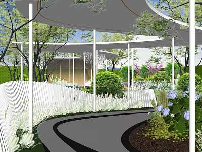 Modern Pergola Design In Garden With White Structure Greenery Pathway And Natural Landscape 3d model