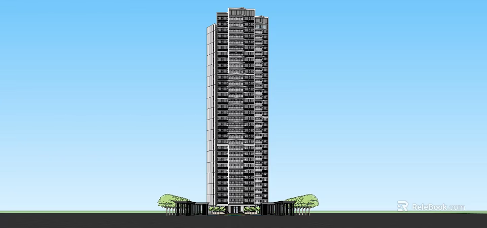 Modern High Rise Building With Multiple Windows And Trees At Base Against Blue Sky 3d model