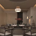 Chinese Style Private Dining Room Interior With Round Table Chairs And Calligraphy Scrolls 3d model