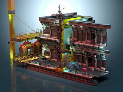 Cartoon Scene With Multi Story Building Crane Balconies And Vibrant Decorations 3d model