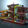 Cartoon Scene With Multi Story Building Crane Balconies And Vibrant Decorations