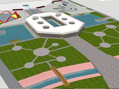 Landscape Design Park Layout With Green Lawns Circular Ornaments And Water Pools 3d model